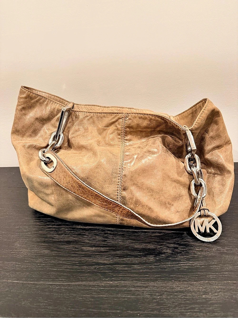 Michael Kors Leather Shoulder Bag in Metallic Grey